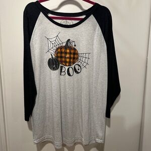 Women's Halloween Boo Raglan Boutique Tee - Black and Gray